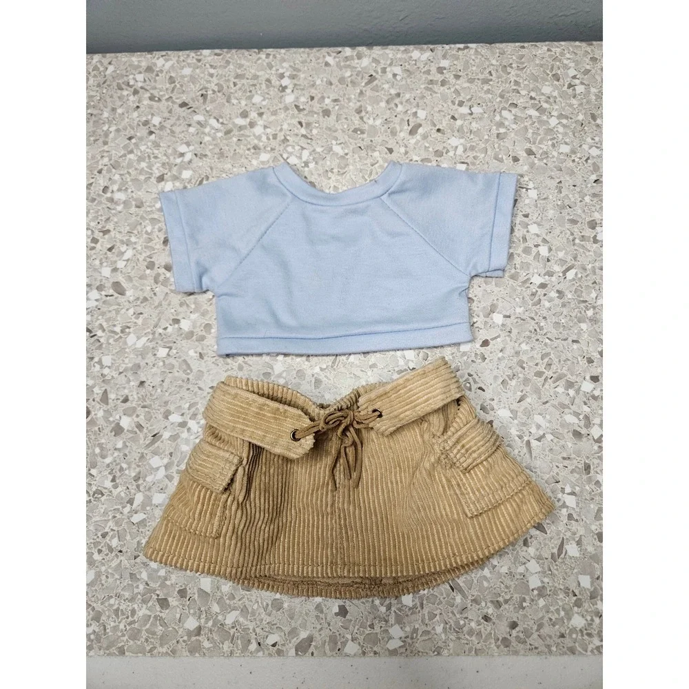 Build A Bear Doll Clothing Set Blue White Tan Denim Corduroy Skirt Tops 4pc